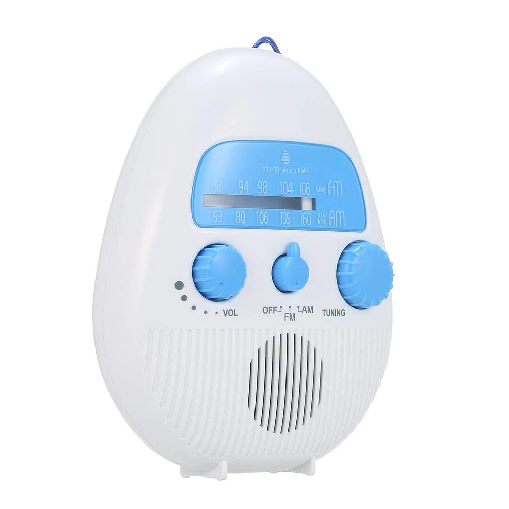 Tragbare Badezimmer Dusche Radio, Wasserdicht, Schwarz, Batteriebetrieben, FM/AM Radio, 87.5-108 MHz, Auxiliary, 2 AA Batterien