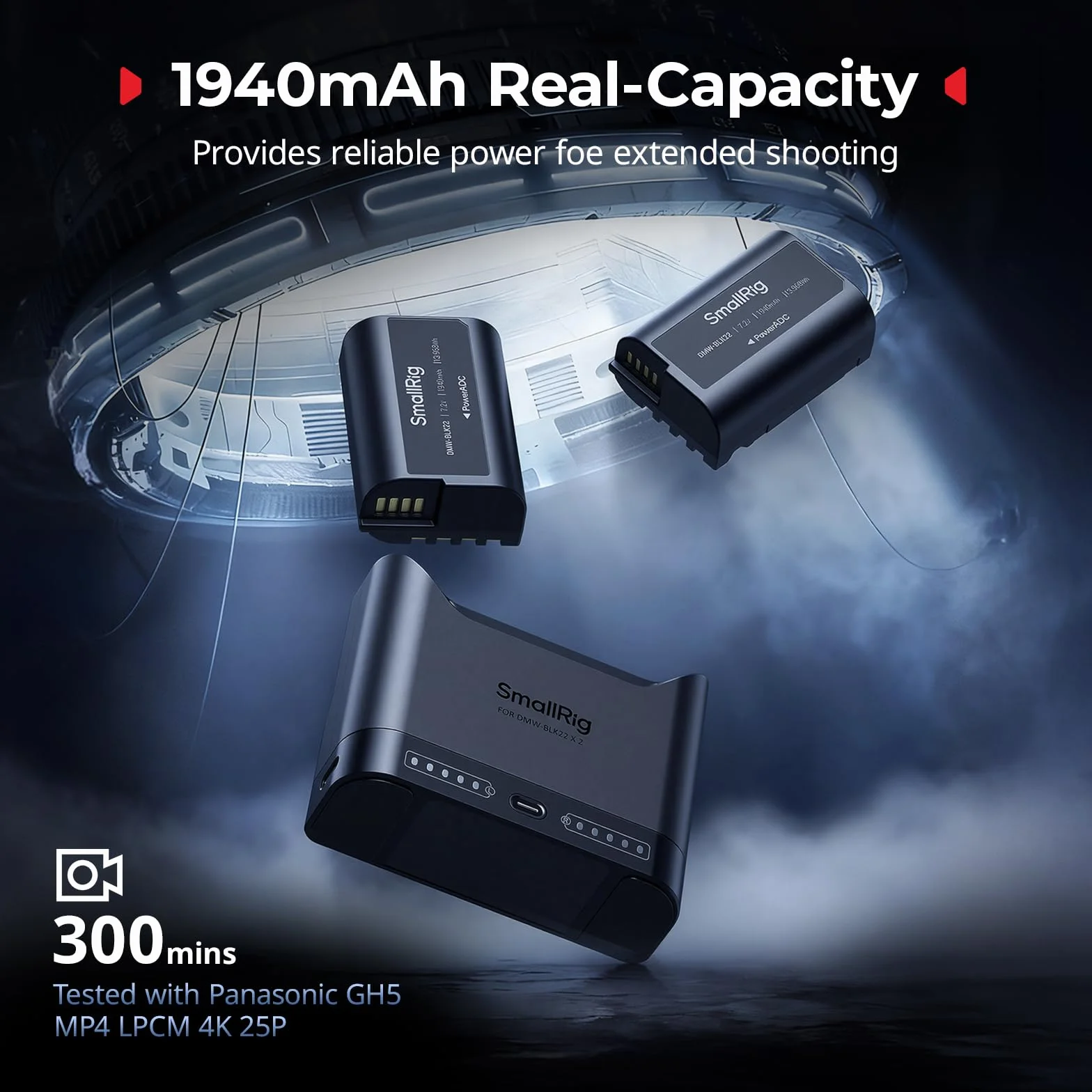 SMALLRIG Akkupack für Panasonic DMW-BLK22, 2 Wege Ladegerät mit 1940mAh Akkuladung, voll kompatibel zu Panasonic Lumix GH5, GH5 II, GH6, GH7, S5, S5-5487