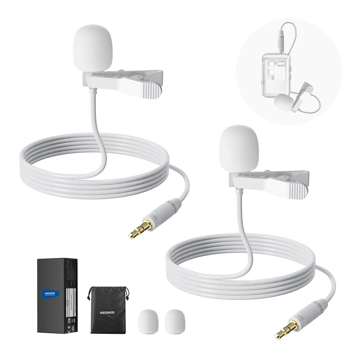 NEEWER 2er Pack Lavalier Ansteckmikrofon, kompatibel mit Rode Wireless GO II 2 DJI Kabelloses Mikrofon Sender, omnidirektionale Kondensator Lapel Mic mit Kabel für Bühne YouTube Live Stream, CM5, Weiß