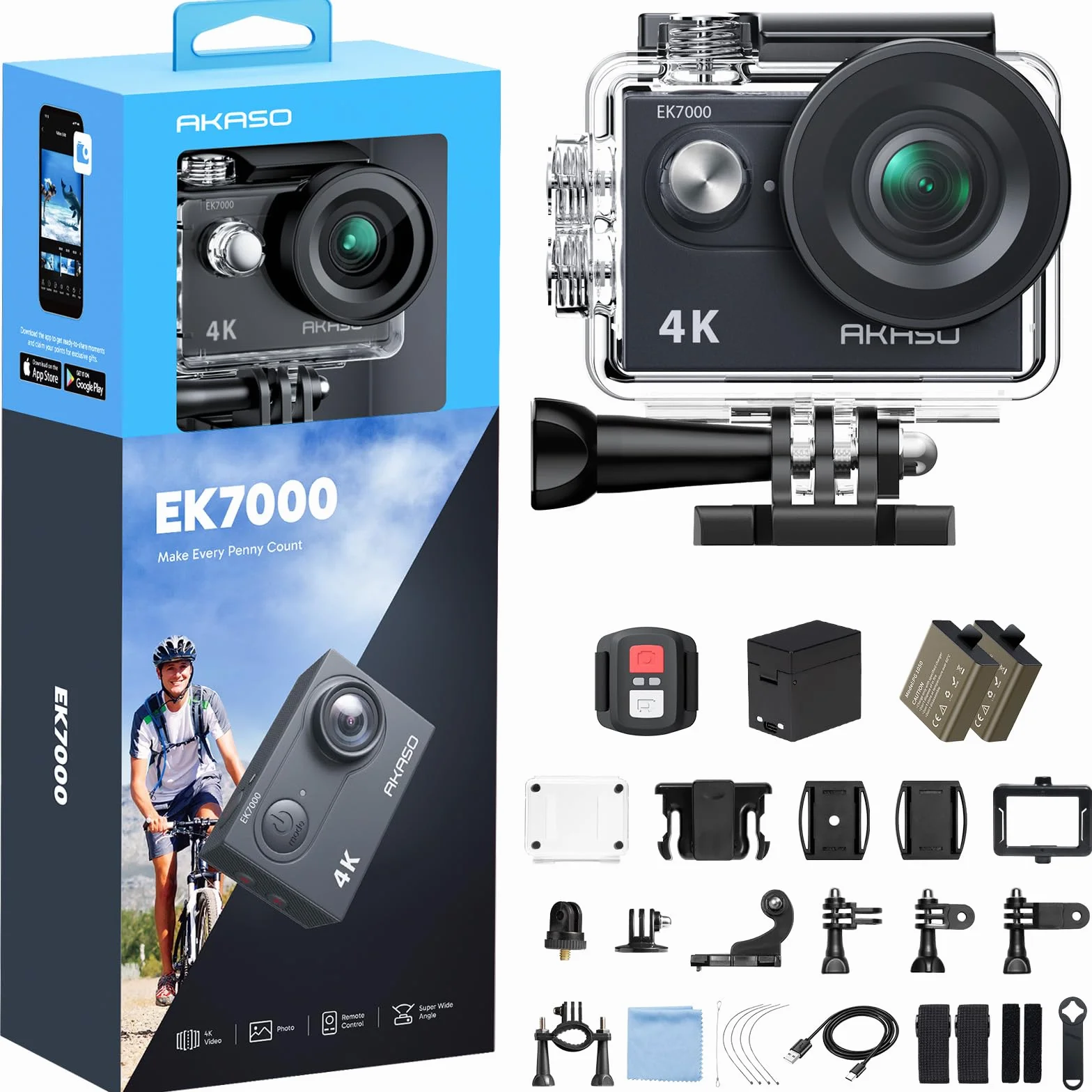 AKASO EK7000 Action Kamera 4K 20MP WiFi Unterwasserkamera 170° Weitwinkel EIS Stabilisierung 2x1050mAh Akkus Schwarz
