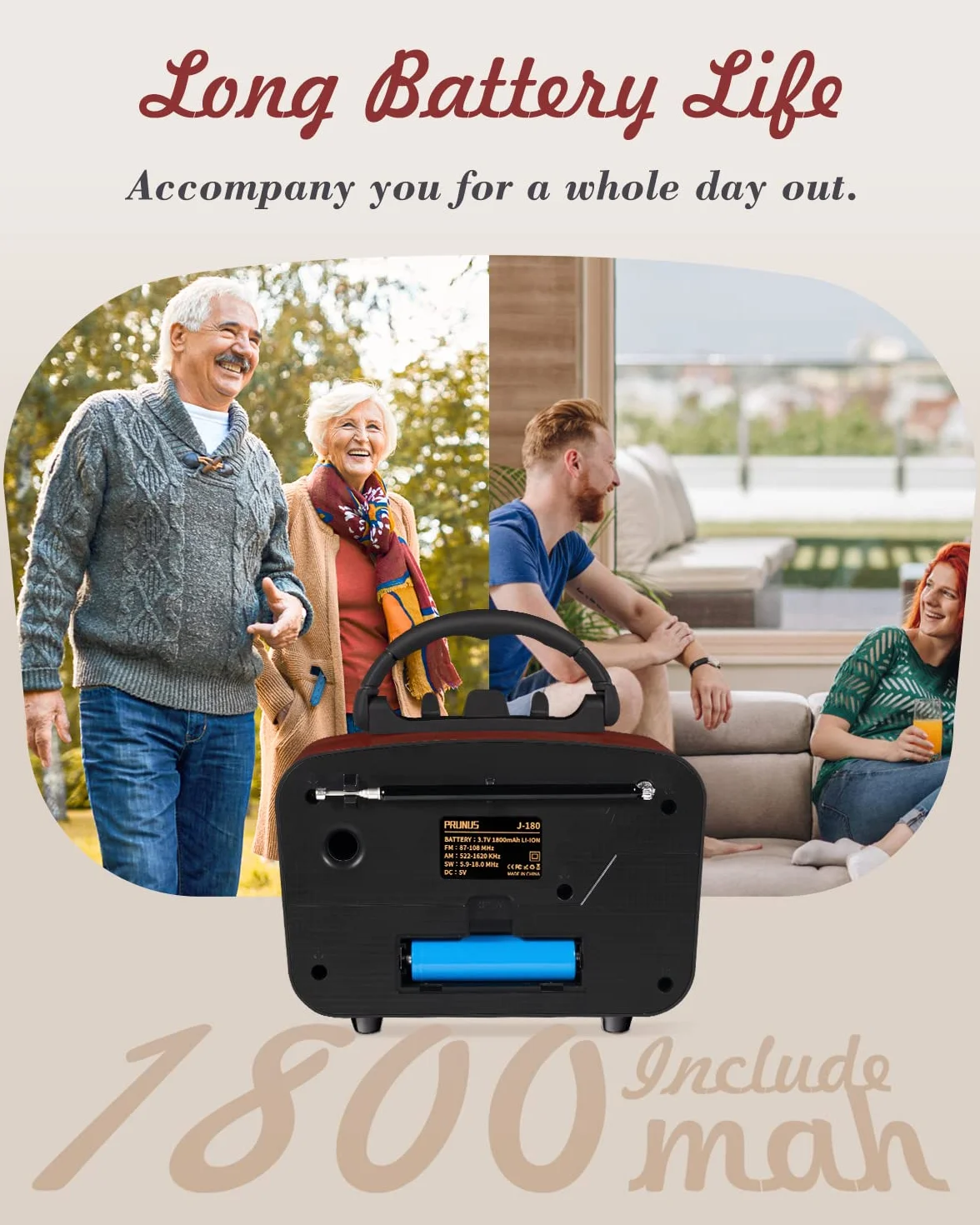 PRUNUS J-180 AM/FM/SW Retro Radio mit Bluetooth 5.0, Nostalgie Radio Klein mit 1800mAh Akku, Unterstützt USB/TF/AUX Funktion, mit großem 5-W-Lautsprecher, Kofferradio Küchenradio für Büro Zuhause.