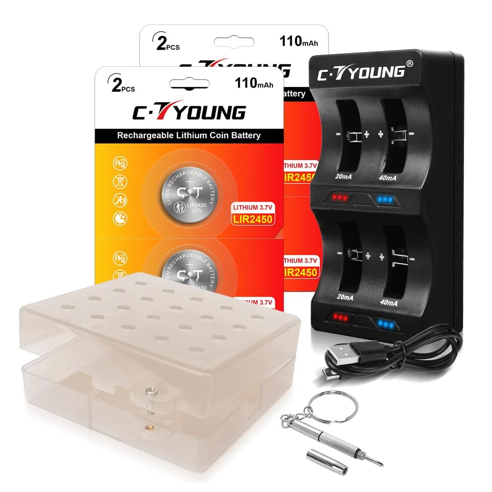 LIR2450 Lithium-Ionen-Batterien 4 Stück 3.7V wiederaufladbar mit Münzzelle-Ladegerät, das cr2450 3v ersetzt-mit Verschließbarem Aufbewahrungsbox für mehr Sicherheit