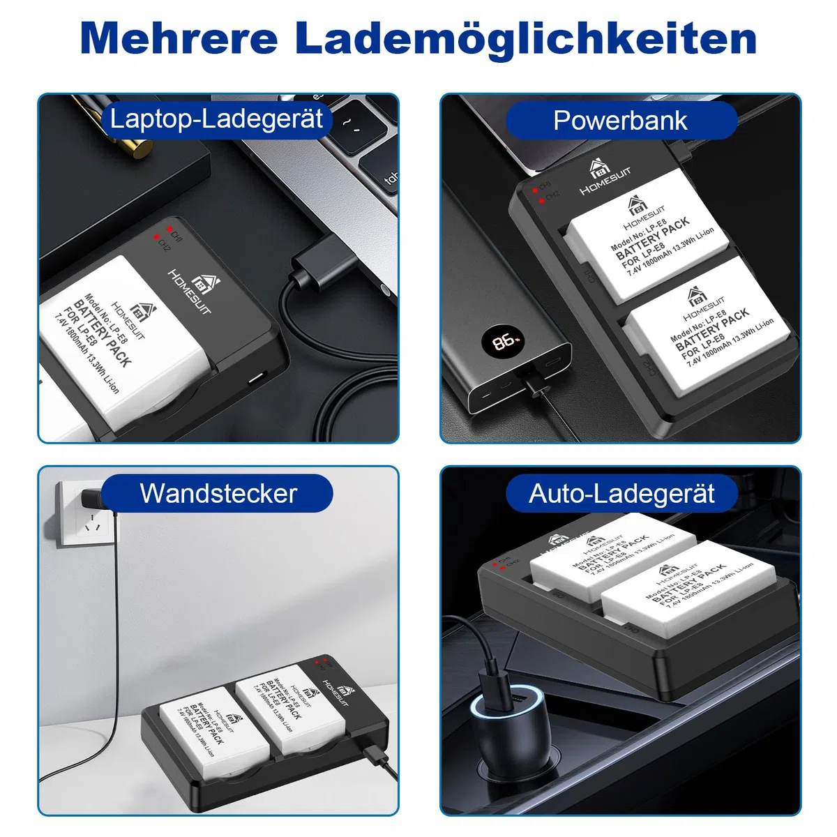 Homesuit LP-E8 Akku 1800mAh und LED USB Dual Ladegerät für Canon EOS Rebel T2i T3i T4i T5i EOS 550D 600D 650D 700D Kiss X4 X5 X6 X6i X7i Kamera (2er-Pack)