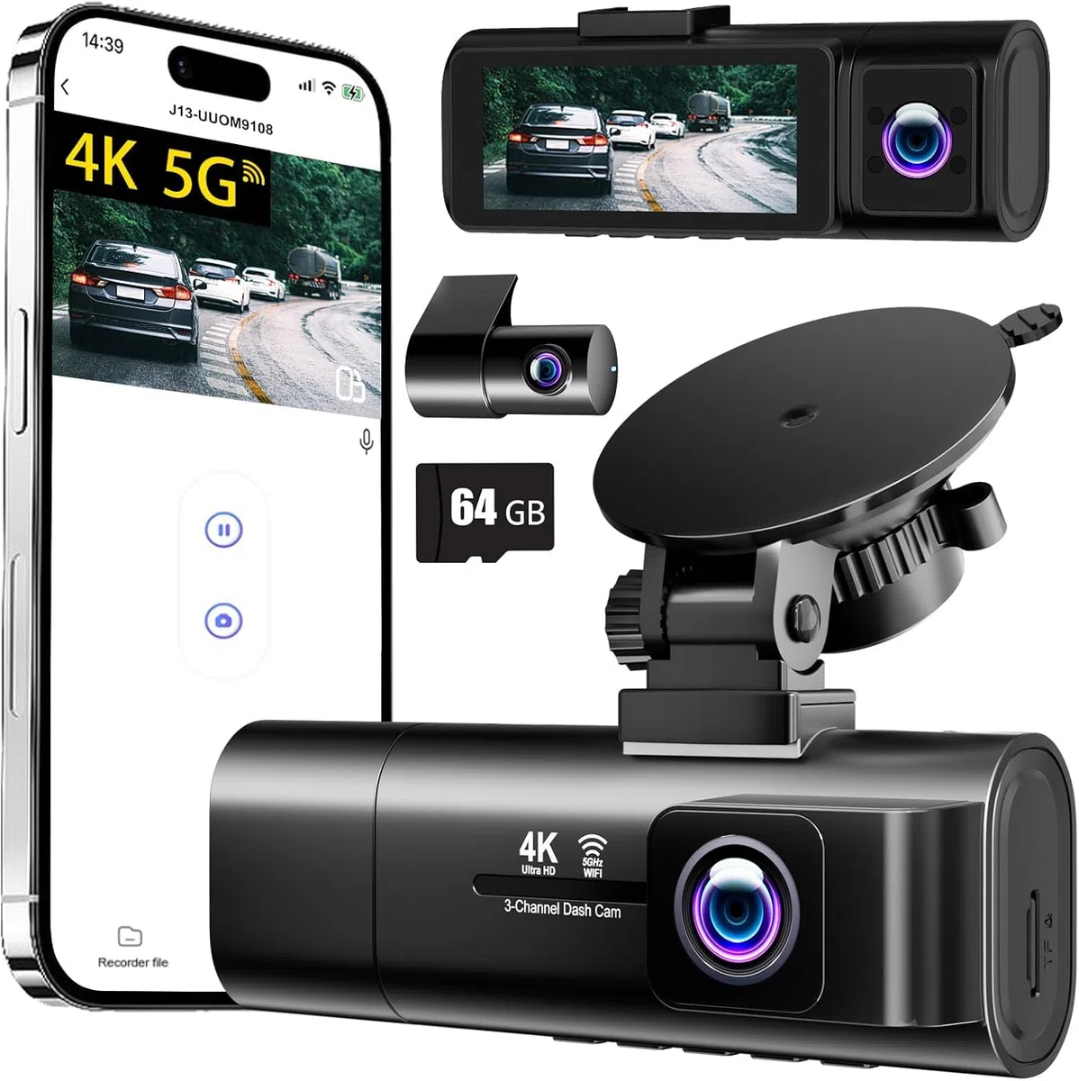 3-Kanal Dashcam Auto 4K+1080P+1080P 3,16" IPS Bildschirm 5G WLAN 64GB SD-Karte Nachtsicht G-Sensor 170° Weitwinkel 24H Parküberwachung