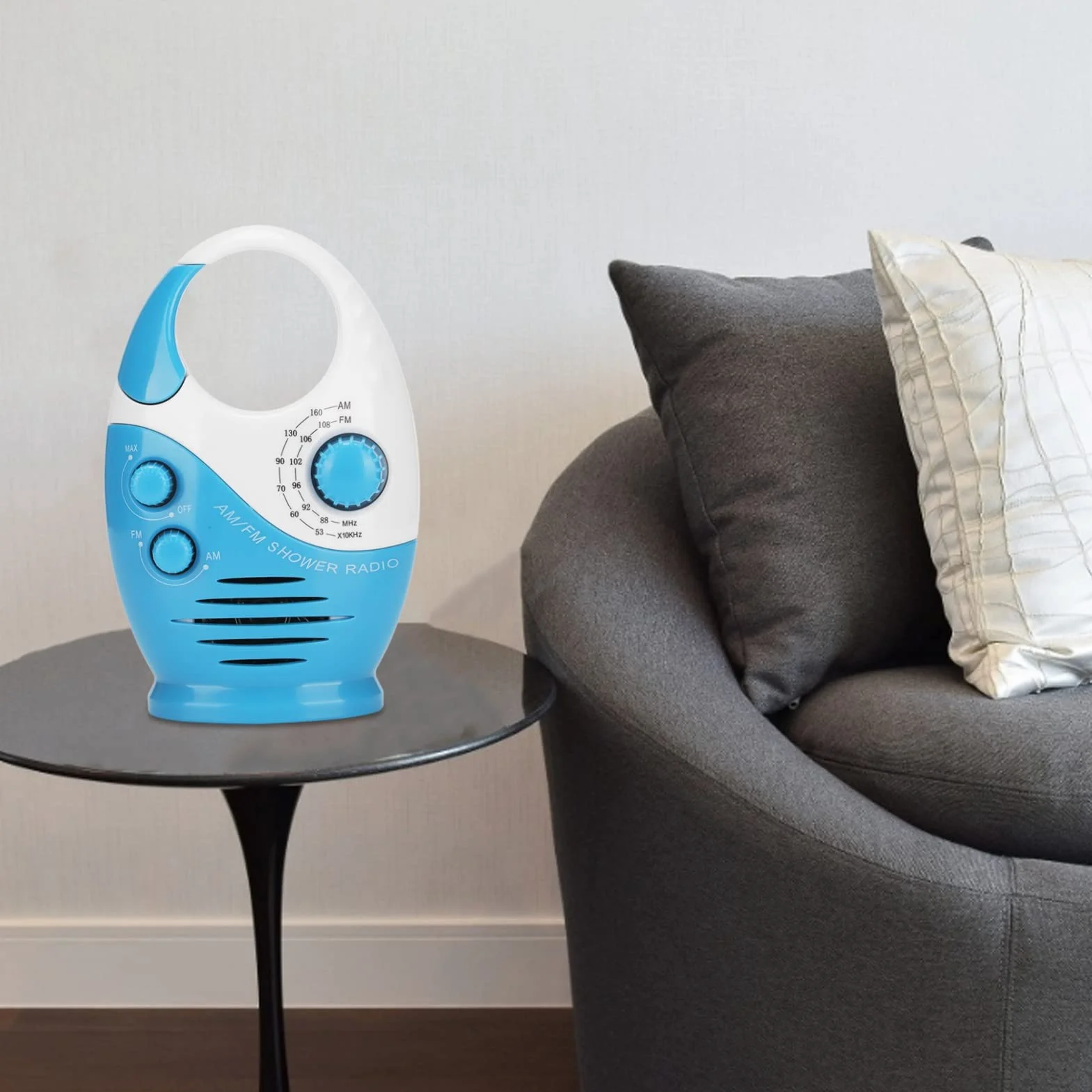 Duschradio, Tragbares Wasserdichtes AM-FM-Duschradio mit Oberem Griff für den Außenbereich Im Badezimmer, Eingebaute Lautsprecher, Blau