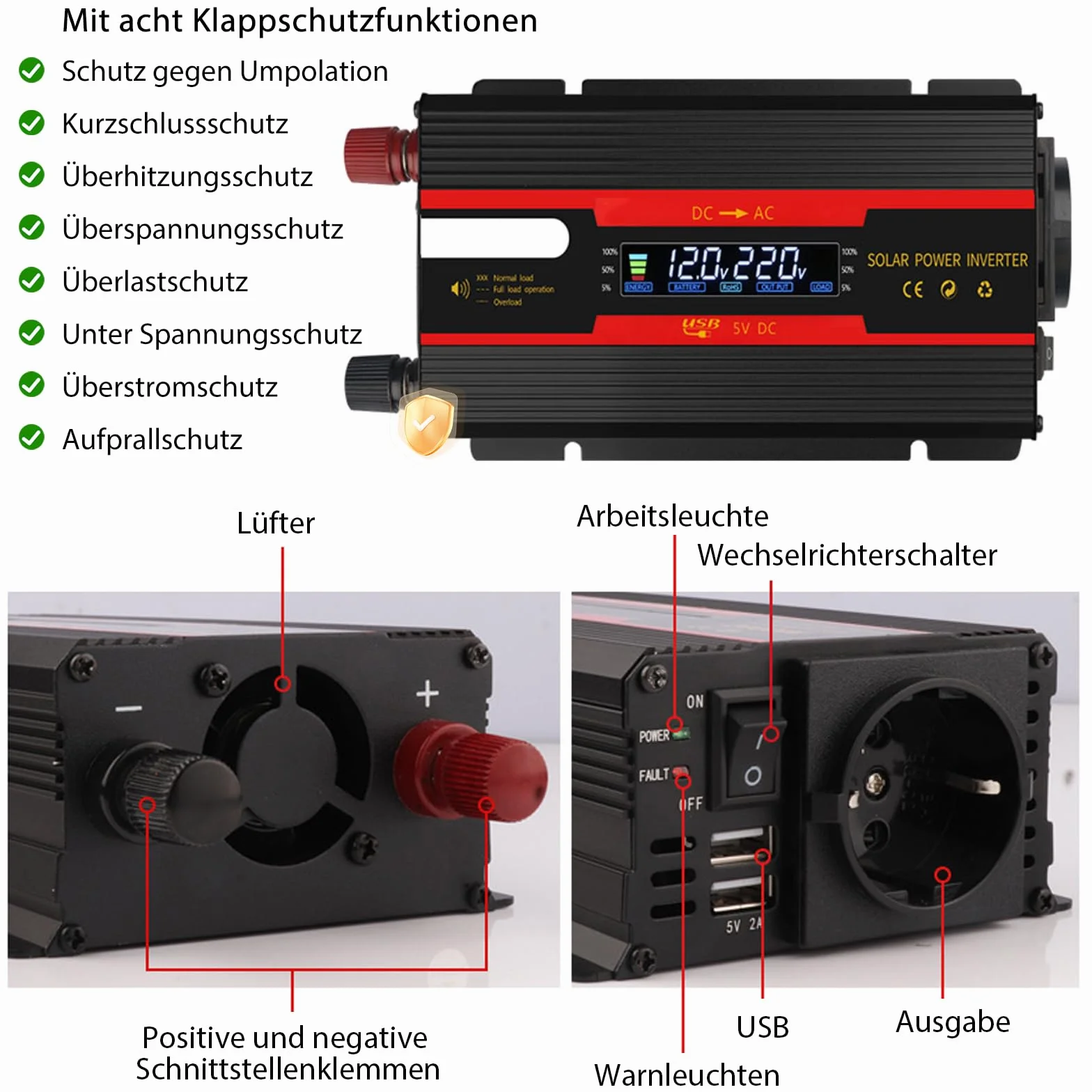 Wechselrichter Spannungswandler DC 12V / 24V auf AC 230V Modifizierte Sinuswelle Inverter 2000W mit EU Steckdosen, 2 USB und LCD-Anzeige Stromumwandler Adapter für Auto Kfz LKW Wohnwagen Camping