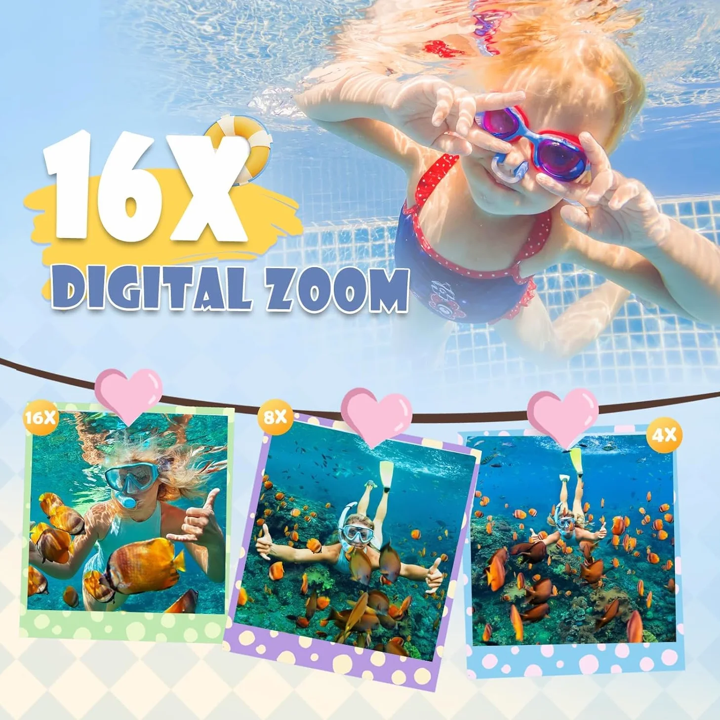 Digitalkamera, wasserdicht, Full HD 2,7 K, 48 MP, Doppelbildschirm, Anti-Vibration, Selfie, Doppelbildschirm, 16 x Zoom, Kamera für Schwimmen, Urlaub (blau)