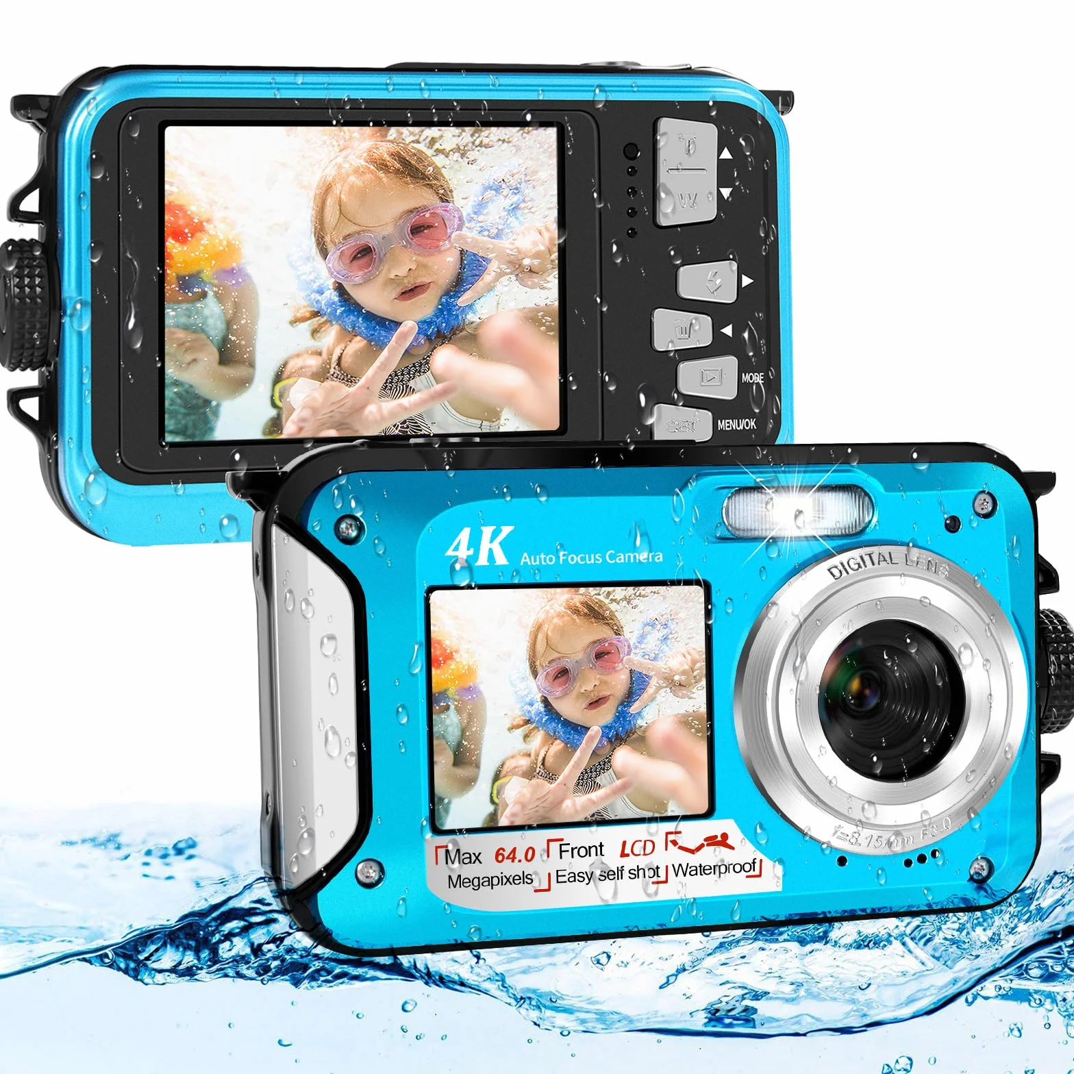 64MP Unterwasserkamera mit 64GB Speicherkarte, 4K unterwasser kamera mit Autofokus & Dual-Selfie-Bildschirmen, 5 Meter kamera wasserdicht, digitalkamera wasserdichte für Kinder & Schnorcheln (2 Akkus)