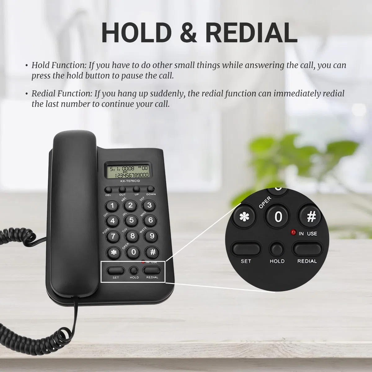 Schnurgebundenes Telefon, schnurgebundenes Tischtelefon mit Telefonkabel, großen Tasten, einstellbarer Lautstärke, Festnetztelefon für Home Office Hotel, unterstützt FSK/DTMF Dual System(Schwarz)