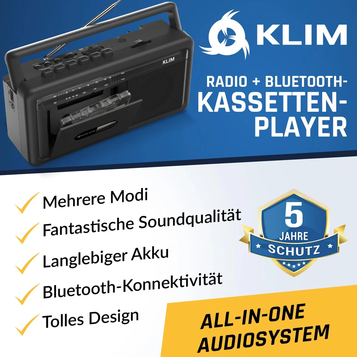 KLIM Tragbare Kassettenspieler Boombox, AM/FM Radio, Bluetooth Radio, Cassette Player & Kassettenrecorder, USB, Lautsprecher, Kopfhöreranschluss, Batteriebetrieb & Netzbetrieb - Schwarz