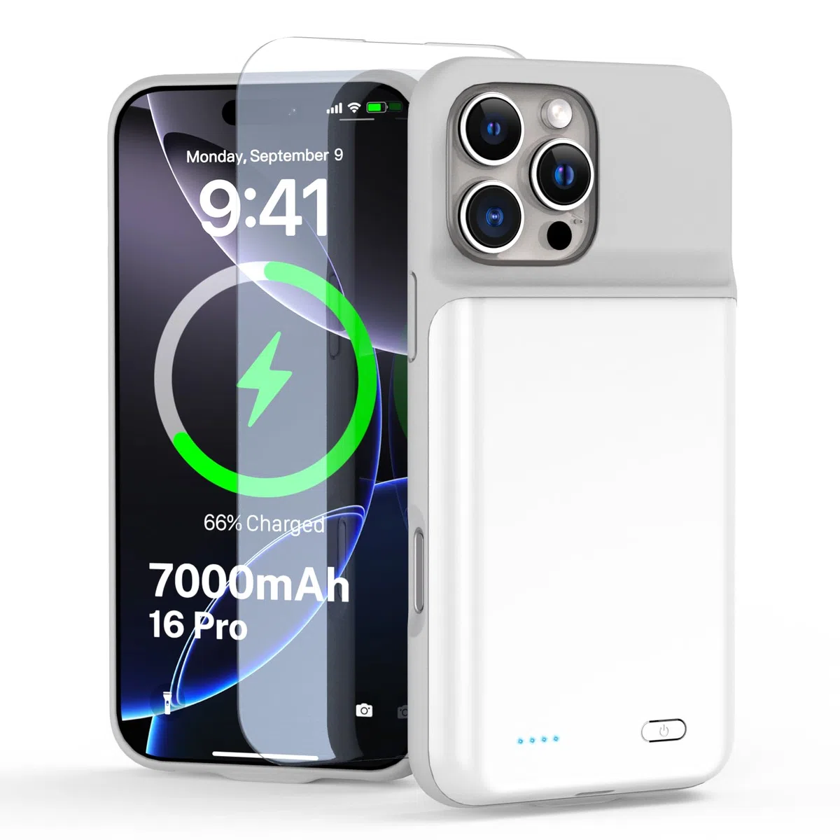 Akkuhülle für iPhone 16 Pro (6,3"), 7000mAh Wiederaufladbar Batterie Ladehülle Akku mit Panzer Schutz Glas, Powerbank Hülle Zusatzakku Akku Case Akku Ladehülle Handyhülle-Weiß