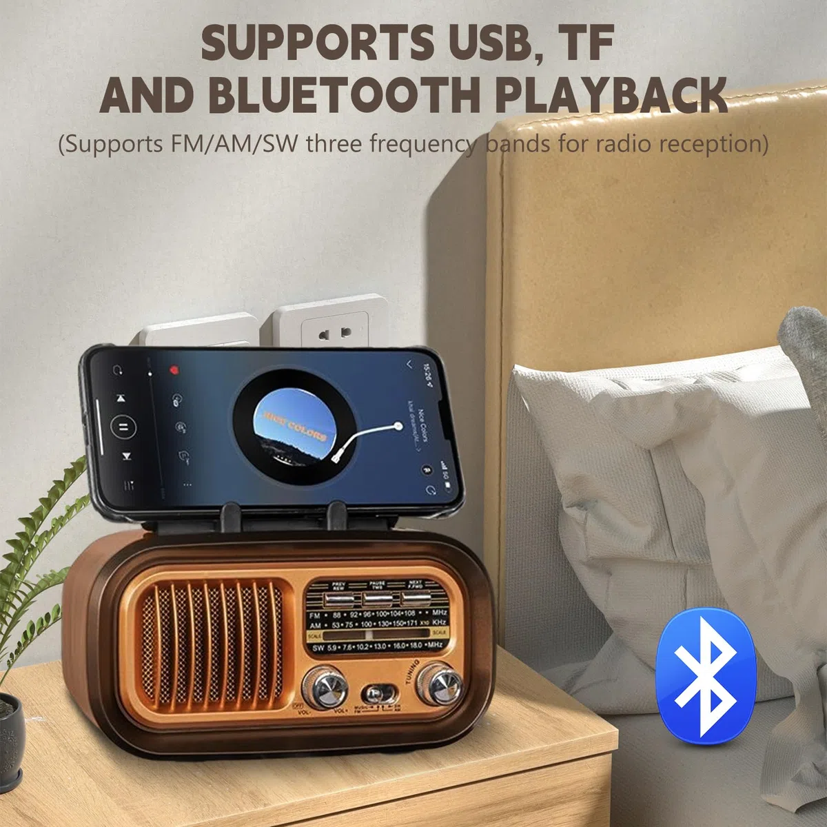 Retro Radio mit Bluetooth, AM/FM/SW Retro Radio Klein Solar Tragbarer Bluetooth Lautsprecher mit 1200mAh Akku, Unterstützt USB/TF, Vintage Radios für Zuhause, Büro, Outdoor