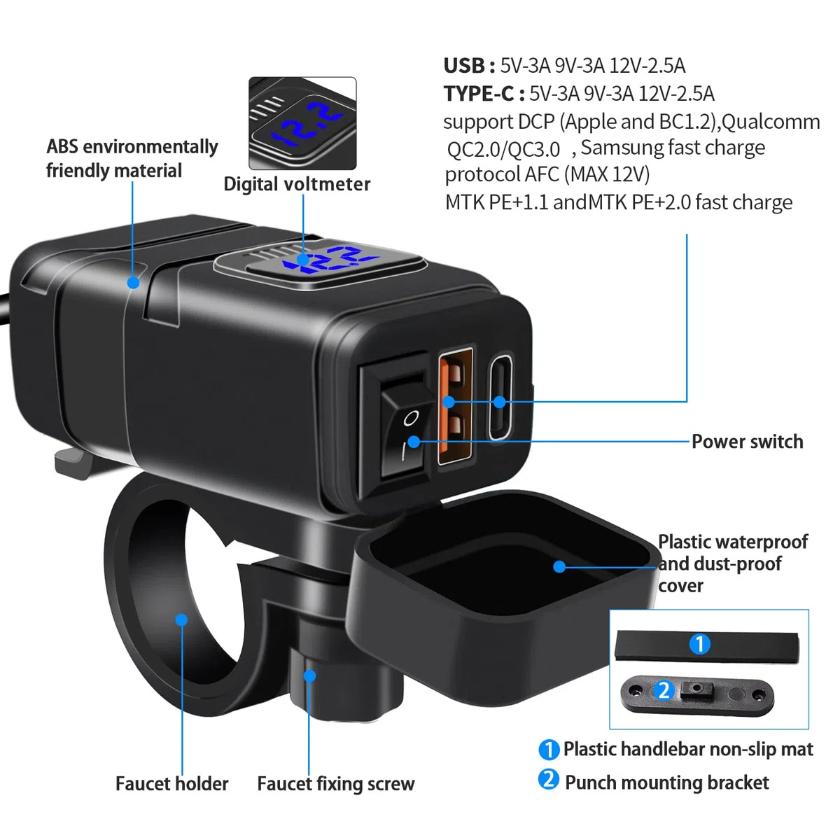 12V USB Steckdose Auto Ladegerät mit Schalter, Auto USB Ladegerät KFZ QC3.0 PD Type C mit Switch, KFZ LadegerätUSB C Wasserdicht für Wohnmobil Motorrad Boot Yacht (Blau)