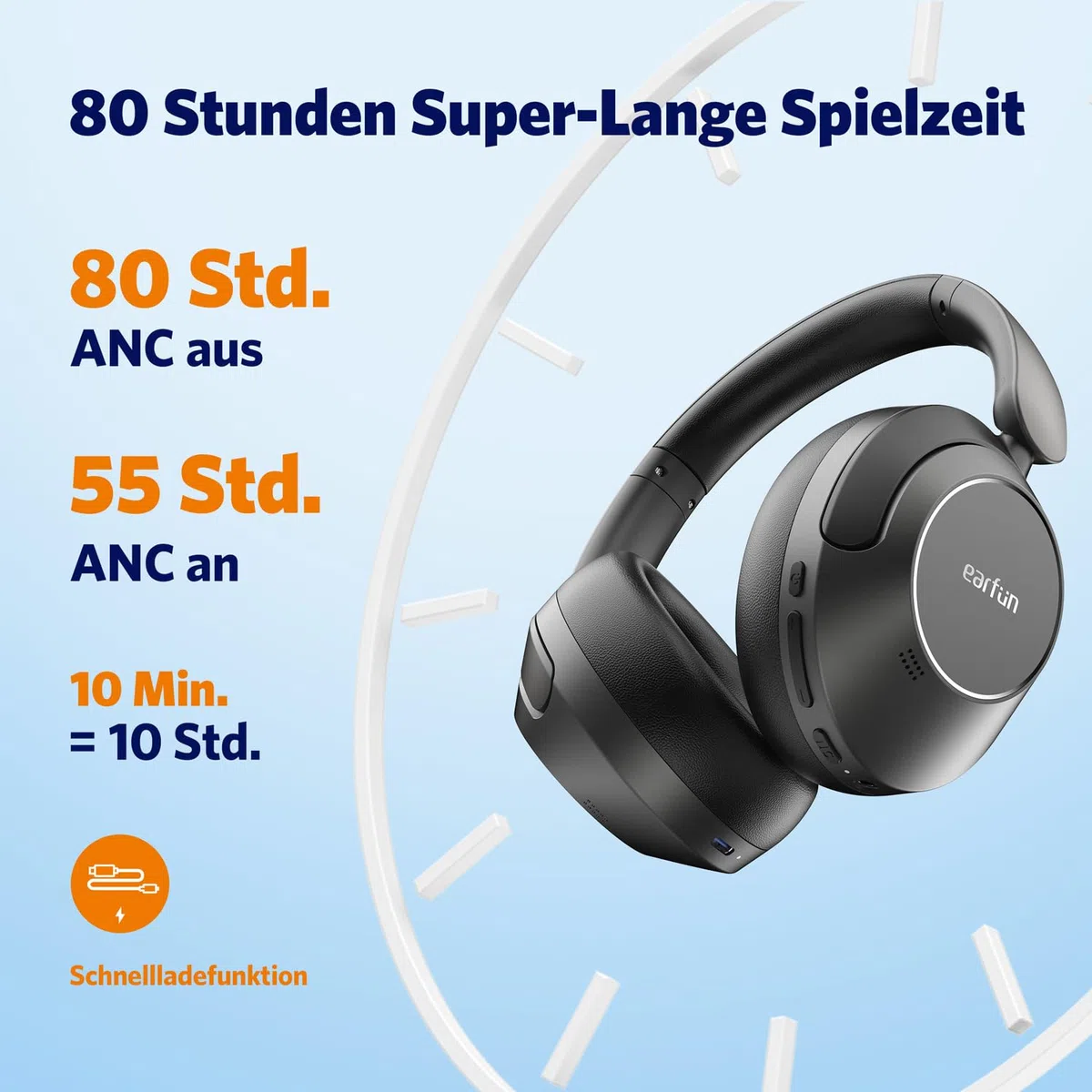 EarFun Wave Pro Over Ear Kopfhörer Kabellos Bluetooth, Hybrid Aktive Noise Cancelling, Hi-Res Audio, LDAC, 80 Std Akku, Bequemer Halt, 5 Mikrofone Kristallklare Anrufe, Bluetooth Multipoint, EQ in App