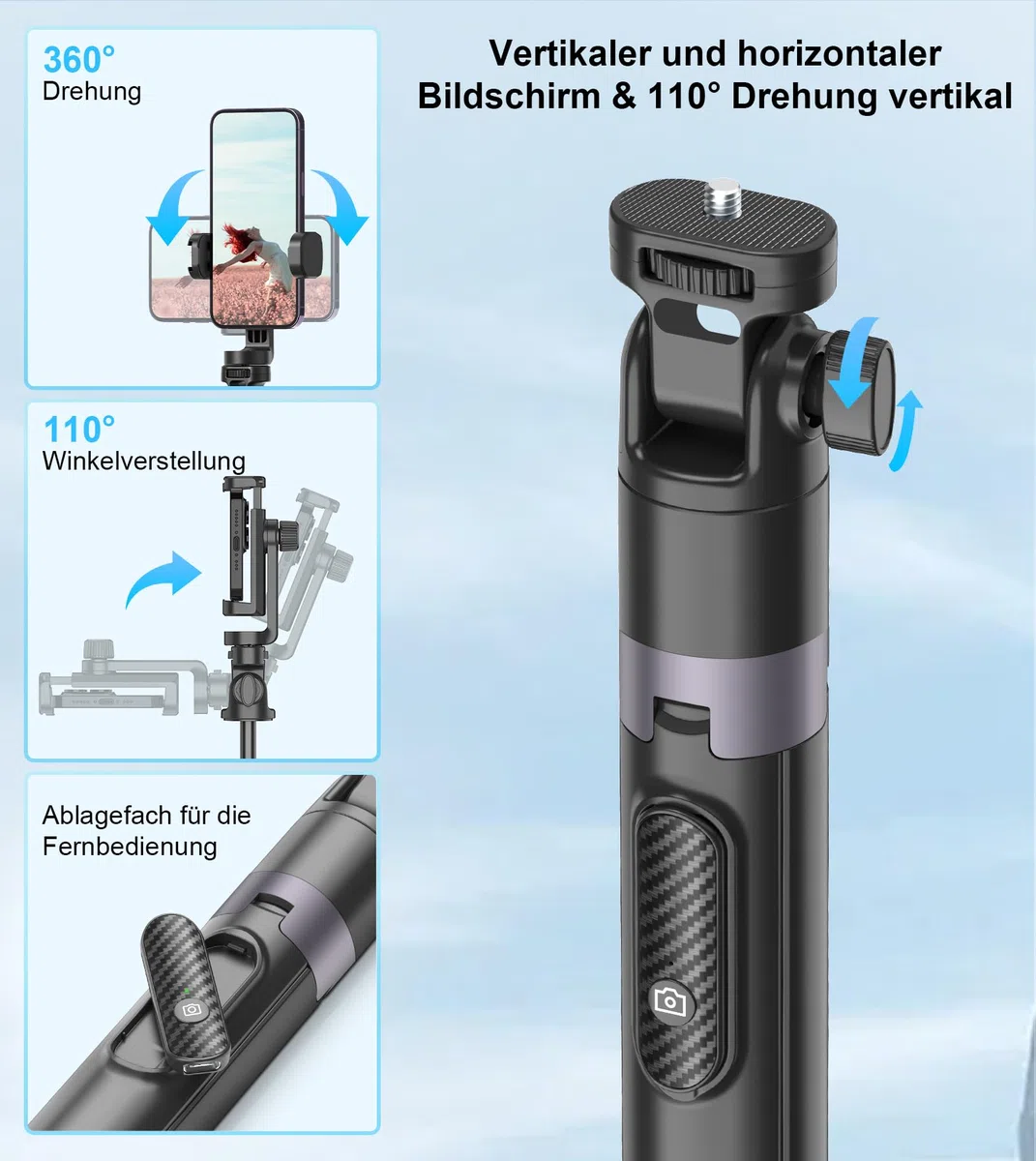 Gahenwo 173cm Selfie Stick Stativ, Einbeinstativ Tripod für Action-Kamera, All-in-1 Handy Stativ mit Fernbedienung,Tragbarer Reisen Telefonstativ-Ständer Foto Video-Kits kompatibel mit iPhone/Android