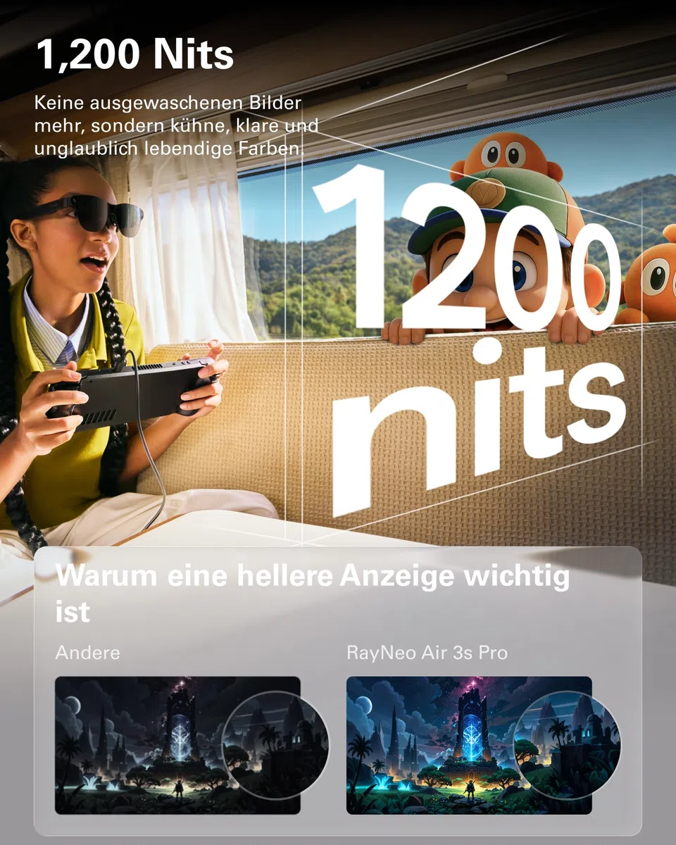 [Neu] RayNeo Air 3s Pro AR/XR-Brille - 201'' 1200 Nits 120Hz HueView 2.0 Videodisplay, Smarte Gaming-Brille für iPhone 17,16,15/Android/Mac 2/PS5/SteamDeck - Next-Gen Persönliches Kino