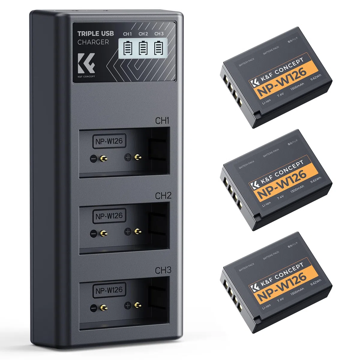 K&F CONCEPT NP-W126 NP-W126S Akku(3er-Pack) und verbessertes 3-Fach-Ladegerät, kompatibel mit Fujilm x Half AKKU XM5, X100VI, X100V, XS10, XT30, XT30 II, XT20, XE4, XE5,A5 Kameras
