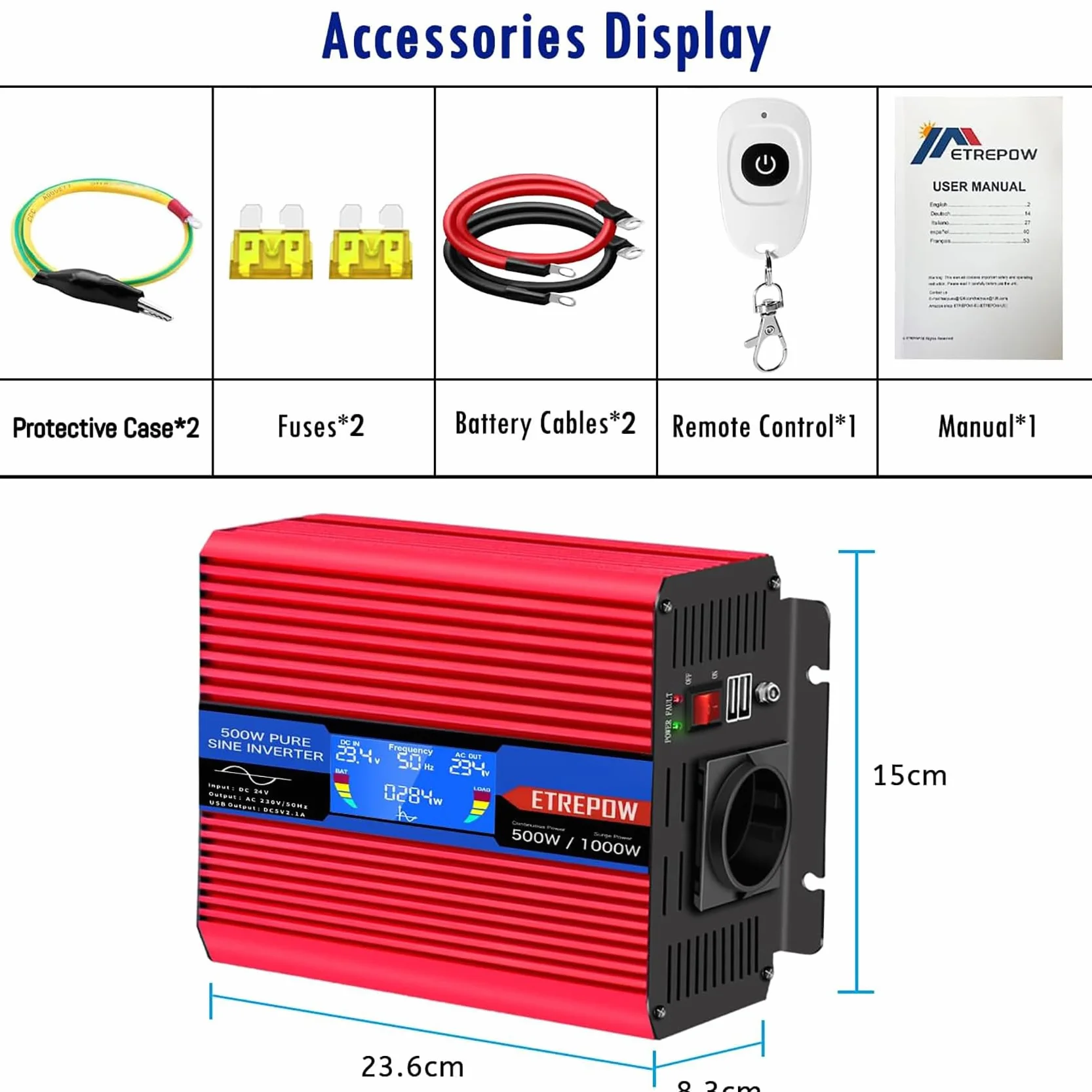500w Wechselrichter 12v auf 230v Reiner Sinus Spannungswandler mit 2 USB,Drahtlose Fernsteuerung,LCD Bildschirm -Spitzenleistung 1000w Kfz Inverter