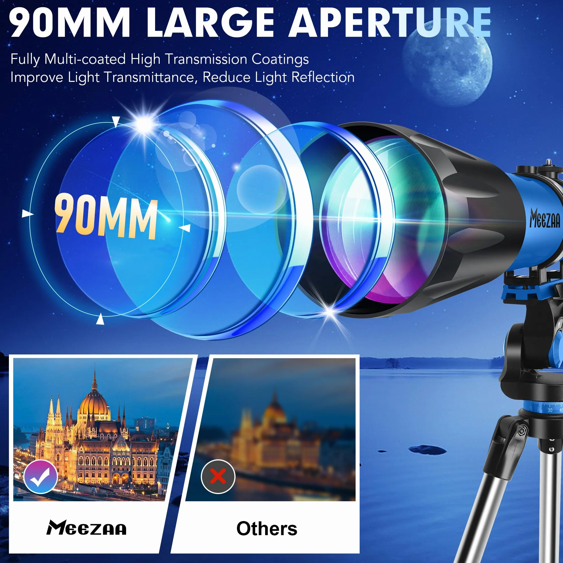 MEEZAA Teleskop, Teleskop Astronomie Profi für Erwachsene, 90mm Blende 800mm AZ Mount Astronomisches Refraktor Teleskope für Kinder Anfänger mit Stativ, Telefon Adapter, Tragetasche und Mondfilter