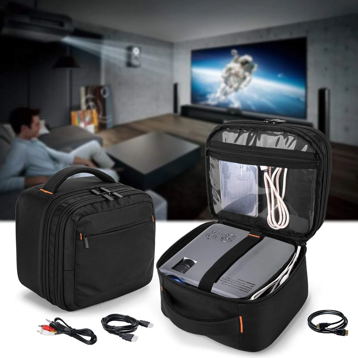 CURMIO Doppelschicht Beamertasche für Mini Beamer, Projektor Tasche Gehäuse, Beamer Tragetasche Kompatibel mit DR.J/QKK und Andere Mini-Beamer und Zubehör (OHNE Beamer UND ZUBEHÖR ENTHALTEN), Schwarz