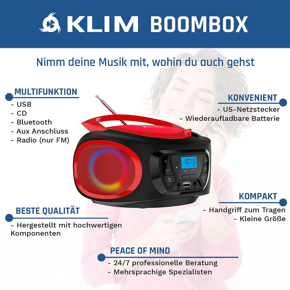KLIM Boombox Radio mit CD Player - NEU - FM-Radio, CD Player, Bluetooth, MP3, USB, AUX - Inklusive wiederaufladbaren Akkus - Kabelgebundene und kabellose Modi - Kompakt und robust (Rot)