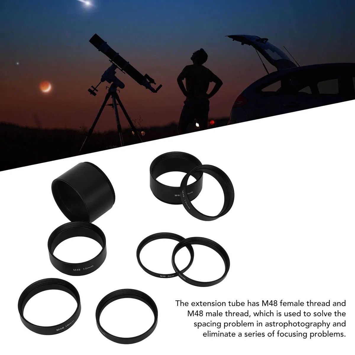 8 PCS M48x0.75 Brennweiten-Verlängerungsrohr-Set, 3 5 7 10 12 15 20 30mm Teleskopverlängerung Zubehör für Astronomische Teleskop Fotografie