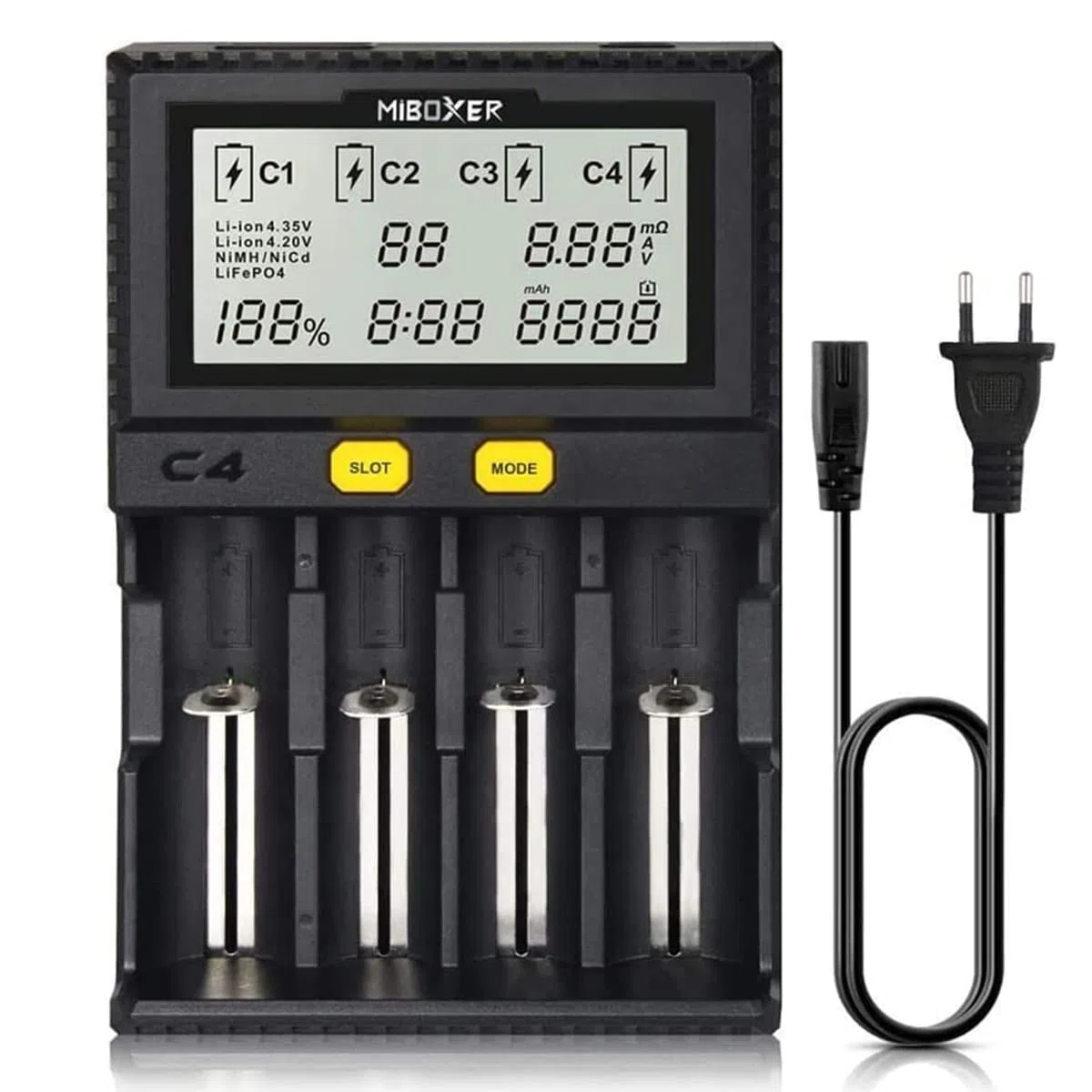 Universal akku Ladegerät, 18650 Baterieaufladegerät mit 4 Schacht, LCD-Display Batterien Ladegerät für Li-Ion LiFePO4 NI-MH NI-Cd AA AAA C 18350 18500 18700 20700 21700 26650 RCR123.