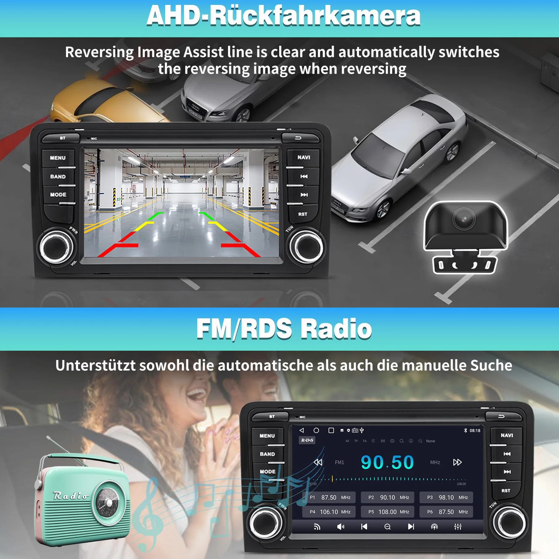 Autoradio Android 13 für Audi A3/S3/RS3 8P 2003 2004 2005 2006 2007 2008 2009 2010 2011 2012, 7 Zoll HD Touchscreen, Wireless CarPlay/Android Auto, GPS, WLAN, Bluetooth + HD-Rückfahrkamera SWC
