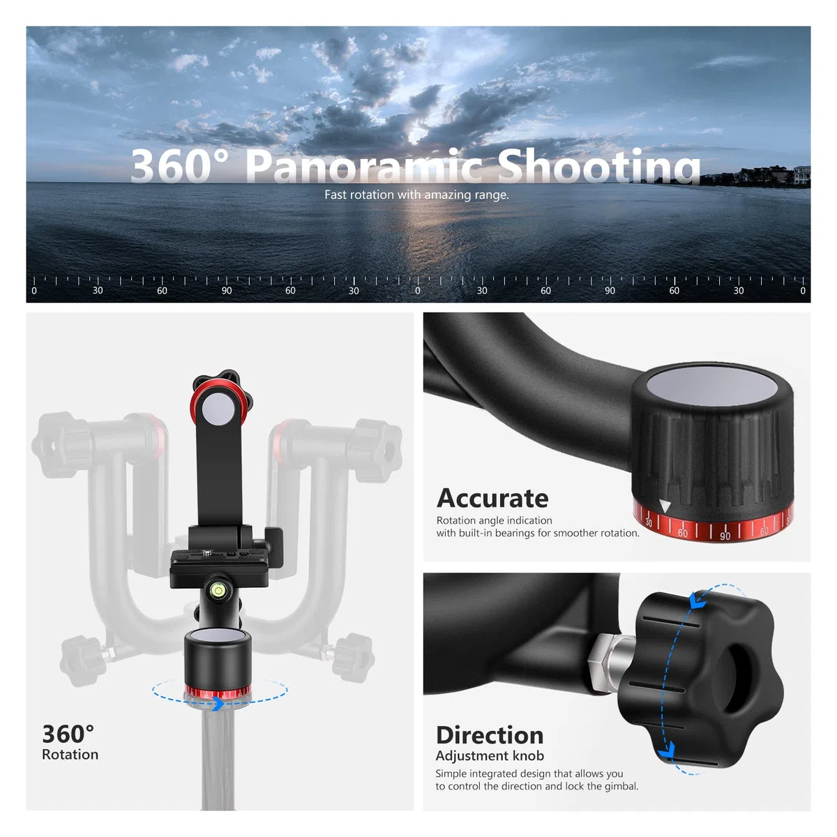 NEEWER Gimbal Stativkopf Professionelle Hochleistungs Aluminiumlegierung mit Arca Schnellwechselplatte, GM101 unterstützt reibungslosere 360 Grad Panoramaaufnahmen für DSLR Kameras bis zu 13,6kg