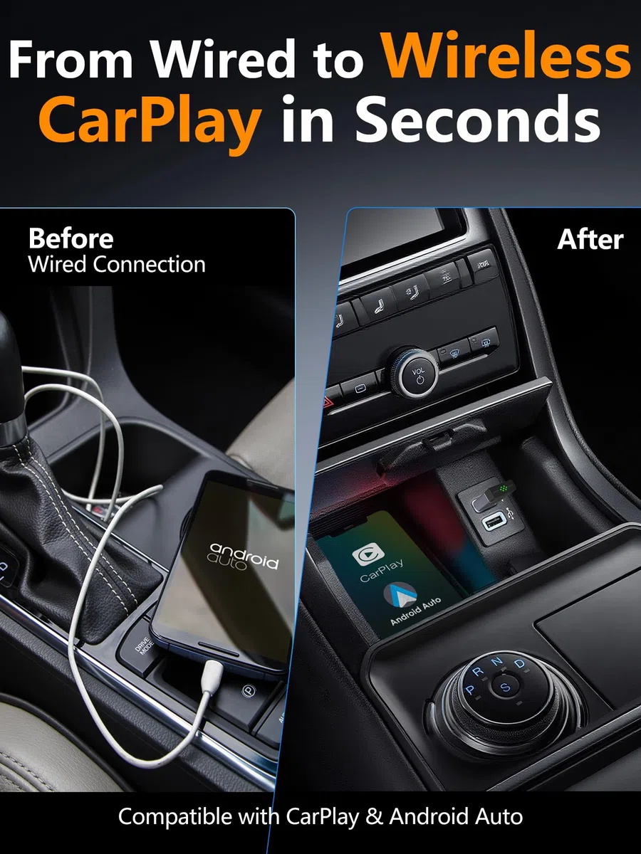 2-in-1 Mini CarPlay Wireless & Android Auto Wireless Adapter, Aufrüstung von kabelgebunden auf kabellos,schnelle automatische Verbindung,Plug & Play,iOS 10+, Android 10+, Autos ab 2016(1Stück)