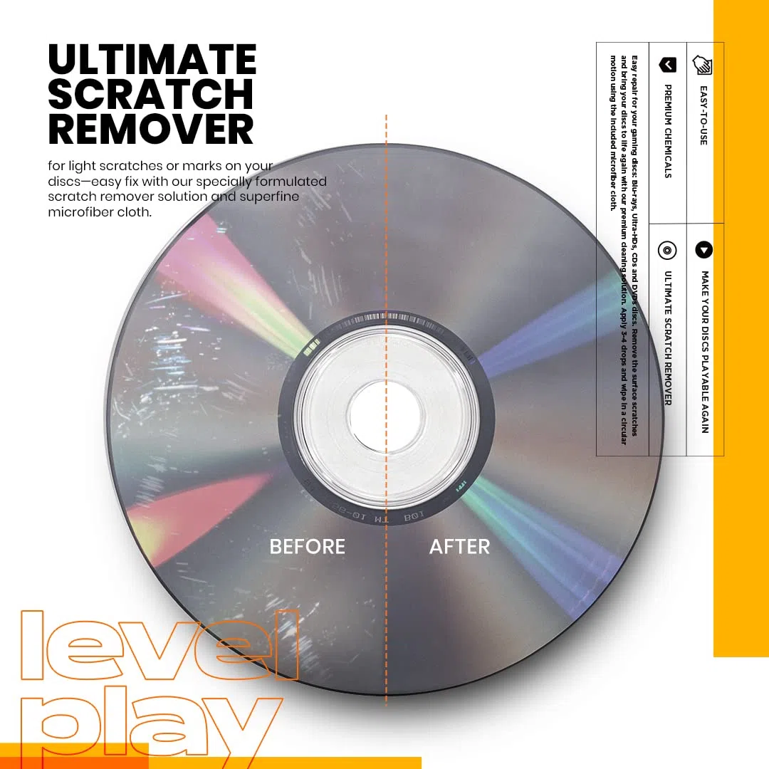 Levelplay Disc-Kratzer-Entferner-Set – repariert & poliert Oberflächenschäden an CDs, DVDs & Blu-rays, ideal bei Audio-/Video-Sprüngen & Einfrieren von Spielen, inkl. Mikrofaser-Reinigungstuch – 50 ml