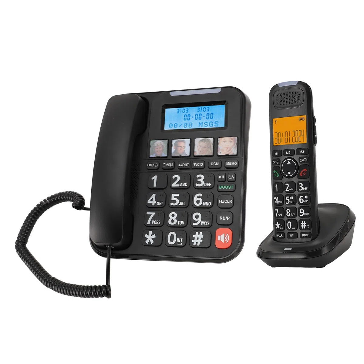 Schnurgebundenes, Schnurloses Seniorentelefon, Anrufbeantworter, Anrufsperre, Fotowahl, Lauter Klingelton, Freisprechanruf, 3-Wege-Anruf, Sprachführung, Großer Bildschirm,