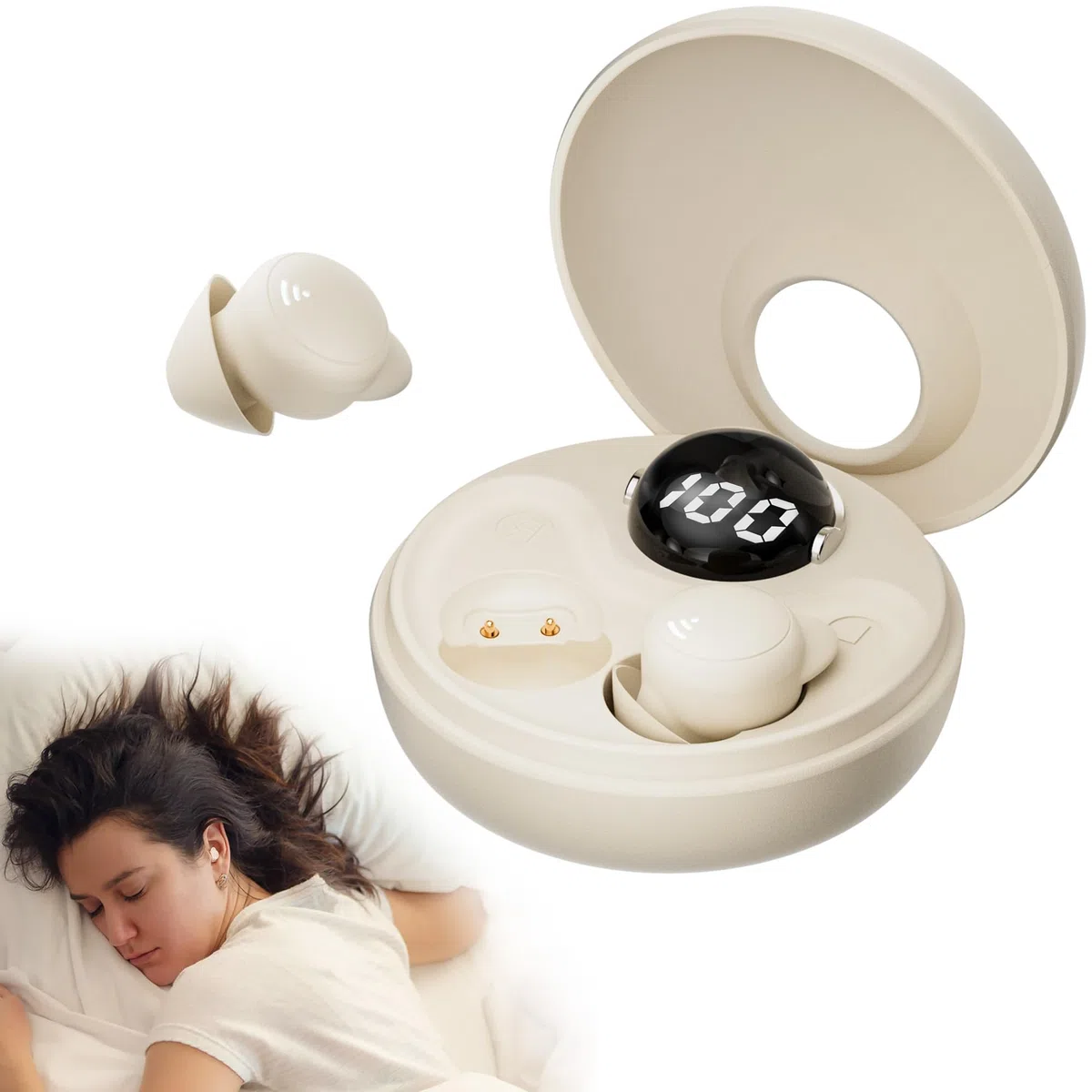 Schlafkopfhörer, Mini Kopfhörer zum Schlafen Kabellose Bluetooth 5.3 Flüssiges Silikon kopfhörer schlafenfür Seitenschläfer, Leistungsanzeig für Trainieren, Arbeiten, Reisen（Beige）