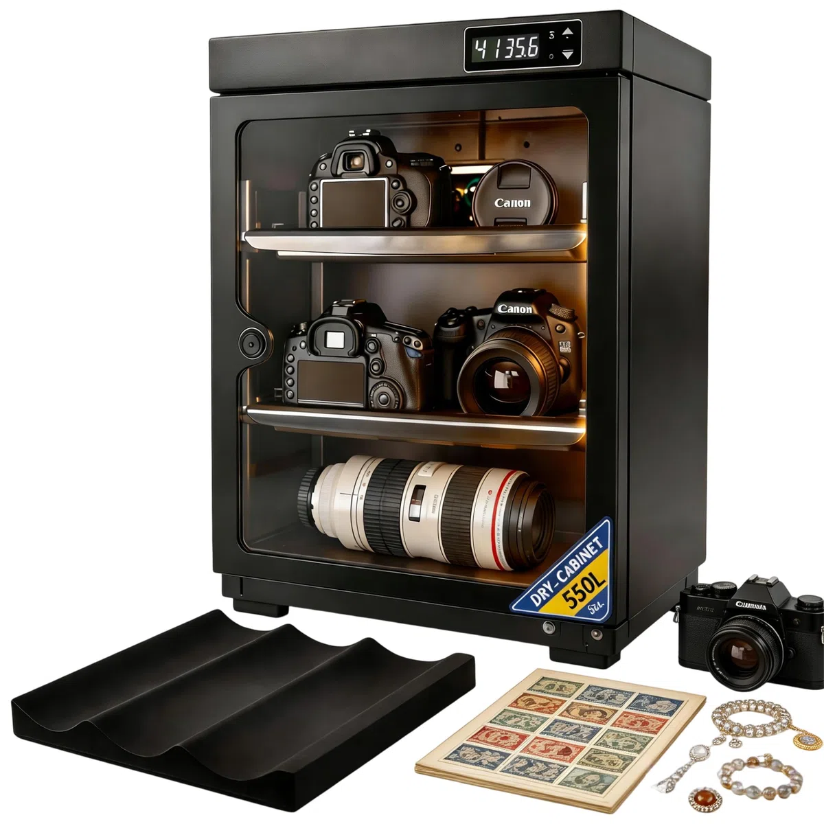 Trockenschrank 50L, Kamera Trockenbox mit LED Display und Digitalem Hygrometer, Elektronischer Trockenschrank für Kamera, Objektiv, Drohne, Briefmarken, Trockenbox für Zuhause & Fotografie Zubehör