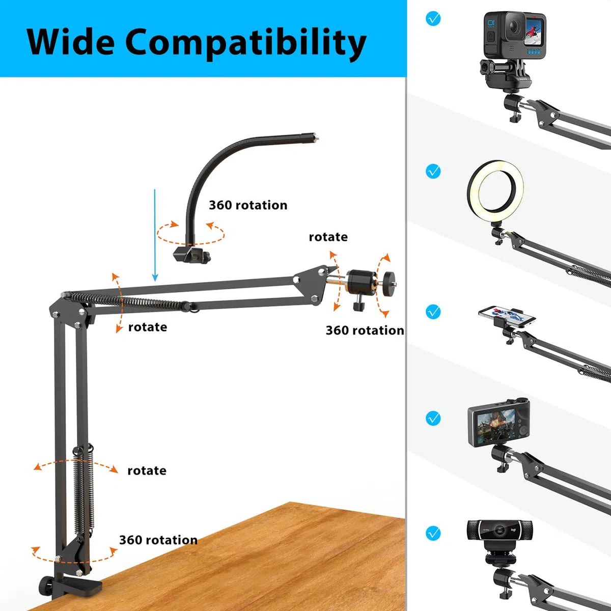 Overhead Stativ Handy mit Ringlicht, Flexibler Tisch Kamera Arm mit Licht, Flexible Tisch Kamera Arm Halterung mit Ringlicht für YouTube Live Stream Videoaufzeichnung, Kompatibel mit iPhone, Logitech