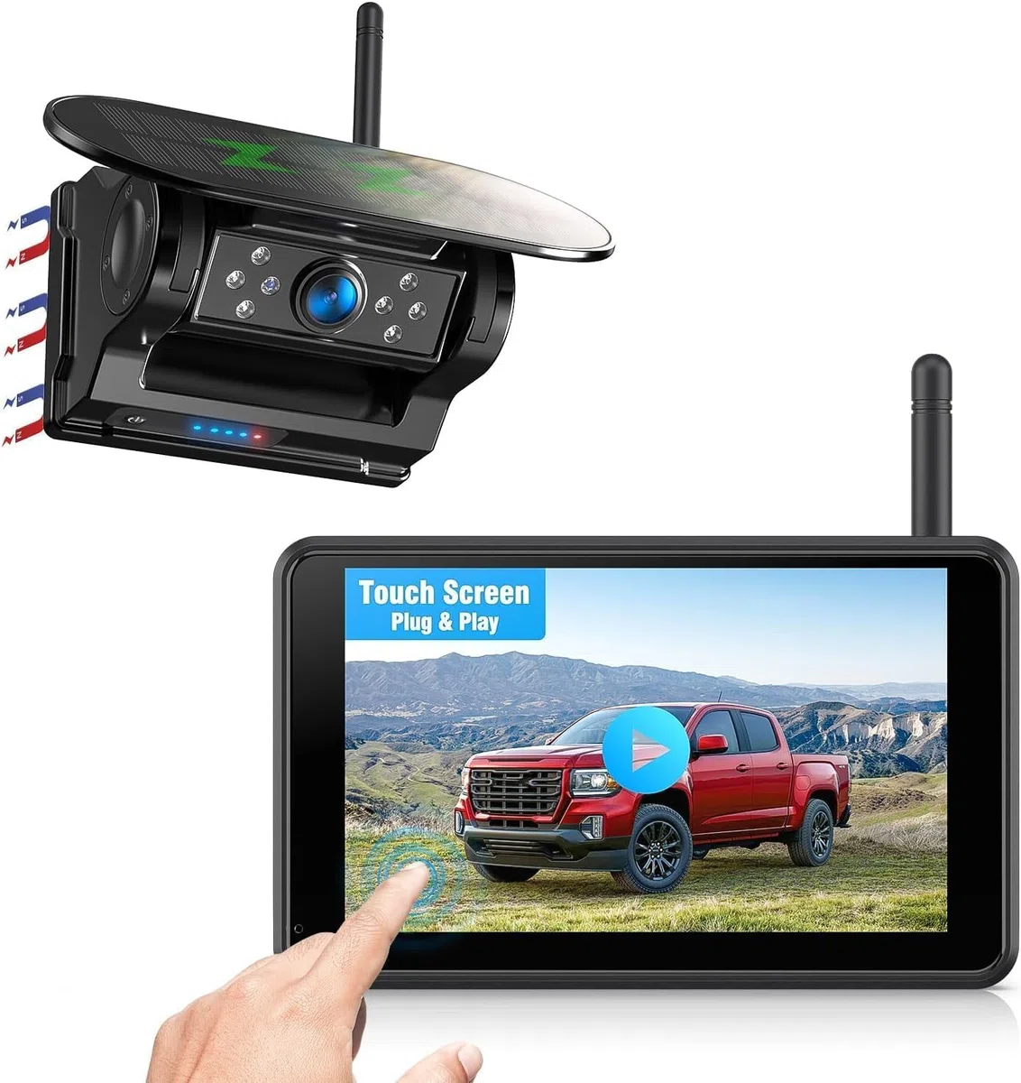 Magnetisch Solar Rückfahrkamera Kabellos 5" 1080P Touchscreen Monitor DVR BSD Infrarot-Nachtsicht IP69K wasserdicht