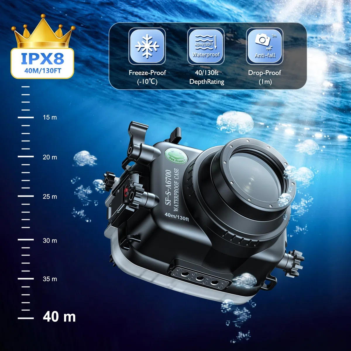 Sea frogs Unterwasser Kameragehäuse, kompatibel mit Sony A6700 10-18MM IPX8, maximale Tauchtiefe: 40 m, wasserdichte Kameratasche zum Tauchen, Surfen, Rudern, Skifahren