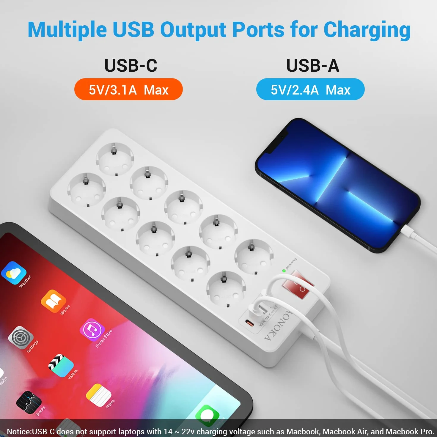 10-Fach Mehrfachsteckdose Überspannungsschutz Bis 1700 Joule, Steckdosenleiste mit USB C, Steckerleiste mit Schalter 4 USB und 10 Steckdosen Wandmontage Verteilersteckdose Schuko Stecker 1.5m,Weiß