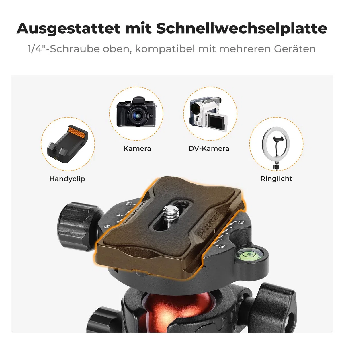 K&F Concept Kugelkopf Stativkopf, Kamera Kugelkopf mit 1/4 Zoll Schnellwechselplatte und Wasserwaagee, 10 kg Tragkraft, für Stativ, Einbeinstativ, Kamera Slider, Spiegelreflexkamera