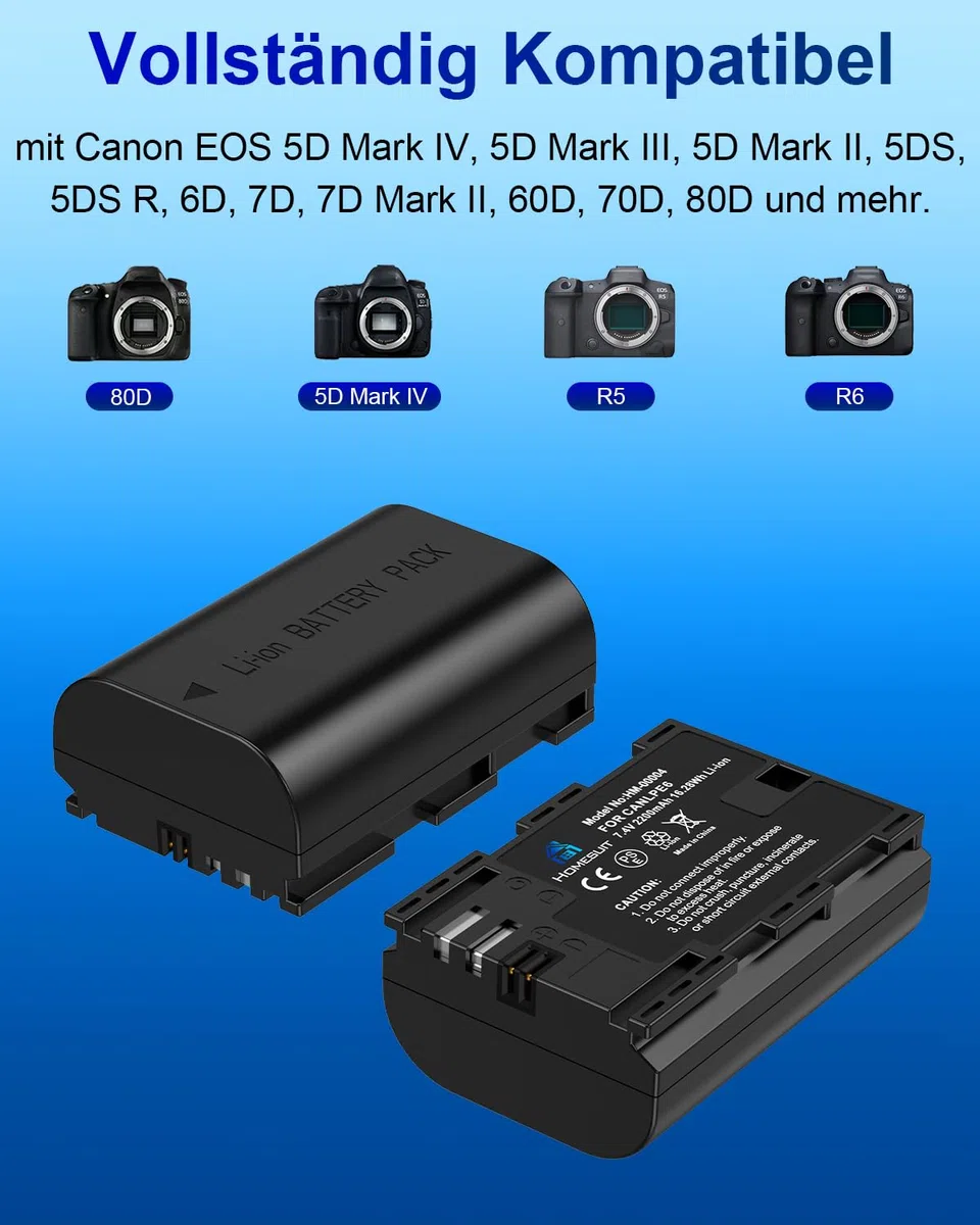 Homesuit LP-E6 LP-E6N Akku 2200mAh und USB LED Dual Ladegerät für Canon EOS 5D Mark IV, 5D Mark II, 5D Mark III, 6D Mark II, 7D Mark II, 60D, 60Da, 70D, 80D, 90D und mehr (2er-Pack)