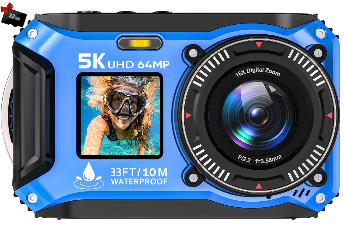 Unterwasserkamera 5K 64MP wasserdicht 33FT Autofokus Digitalkamera 1500mAh Akku