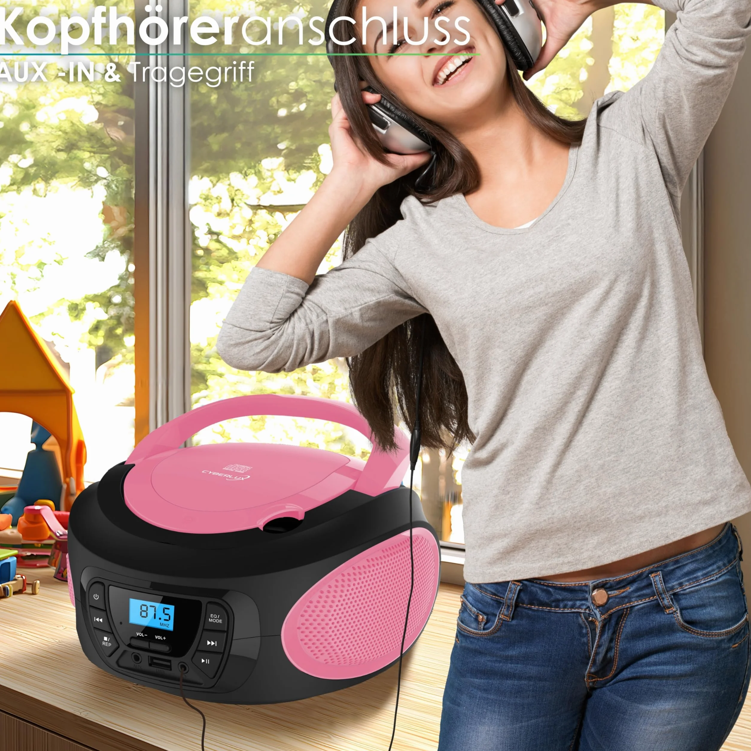 Cyberlux Tragbarer CD-Player, CD/CD-R, USB, UKW-Radio, AUX-In, Kopfhöreranschluss, Kinderradio, Boombox, CD-Radio, Stereo, Kompaktanlage, hübsches Rosa