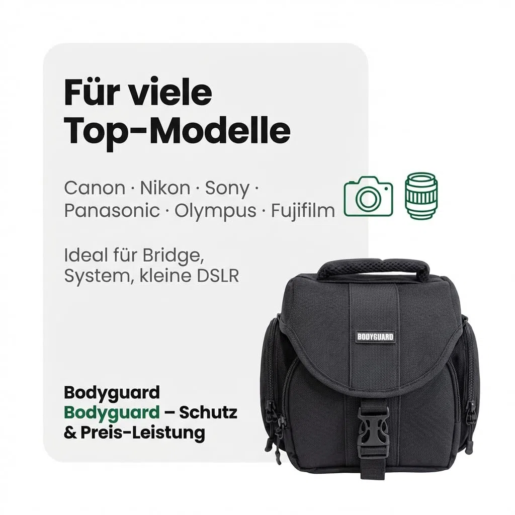 Bodyguard Fototasche Für System Bridgekameras und kleine DSLR Kameras Panasonic FZ82 FZ200 FZ300 FZ1000 FZ2000, Sony HX400V, Nikon B500 B600 B700 Canon EOS M50 M100 Sony Alpha 6000 - XL