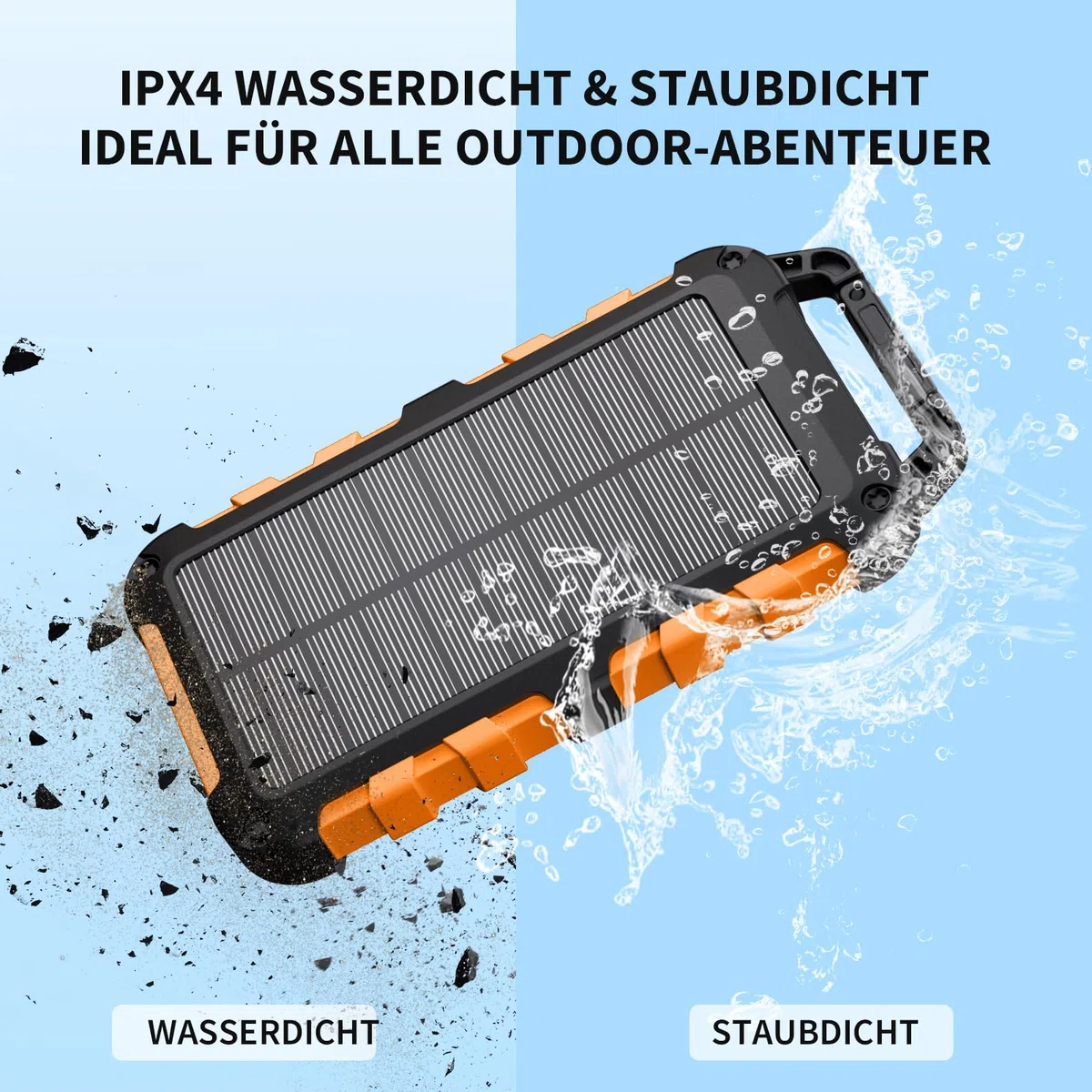 Solar Powerbank 10000mAh PD 22,5W Tragbares Solar Ladegerät USB C Outdoor Wasserdicht Externer Akku mit LED-Licht und 3 Ausgängen für Tablets Smartphones Outdoor Camping Orange