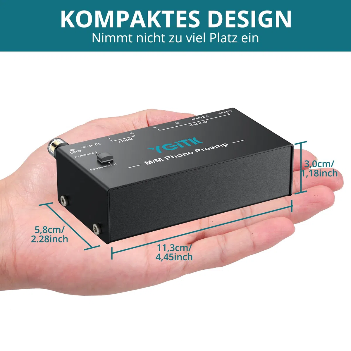 Vorverstärker für Plattenspieler | M/M Phono-Vorverstärker mit Netzschalter | RCA Input & Output Interfaces | DC-12V Zertifiziertes Netzteil | Wenig-Lärm Betrieb | Kompaktes Gehäuse