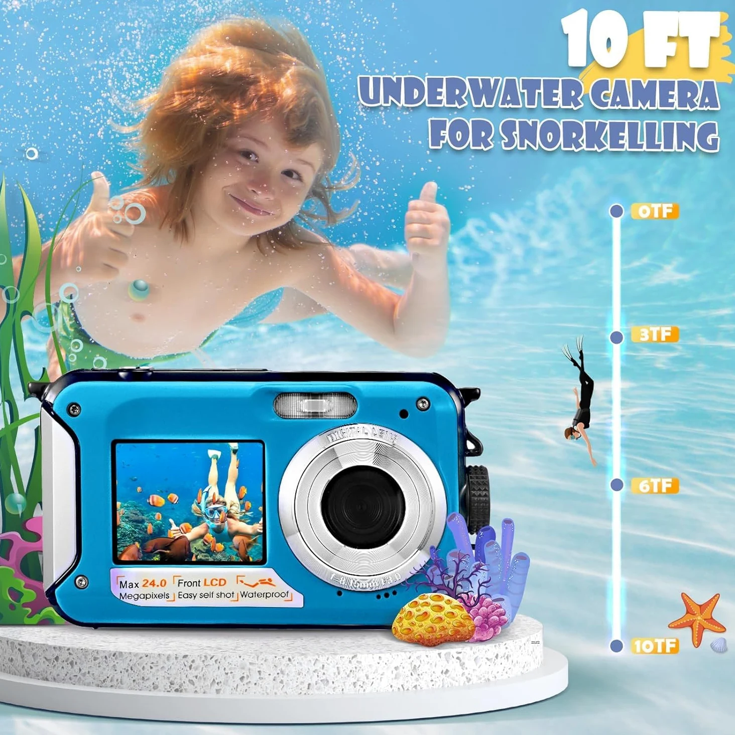 Digitalkamera, wasserdicht, Full HD 2,7 K, 48 MP, Doppelbildschirm, Anti-Vibration, Selfie, Doppelbildschirm, 16 x Zoom, Kamera für Schwimmen, Urlaub (blau)