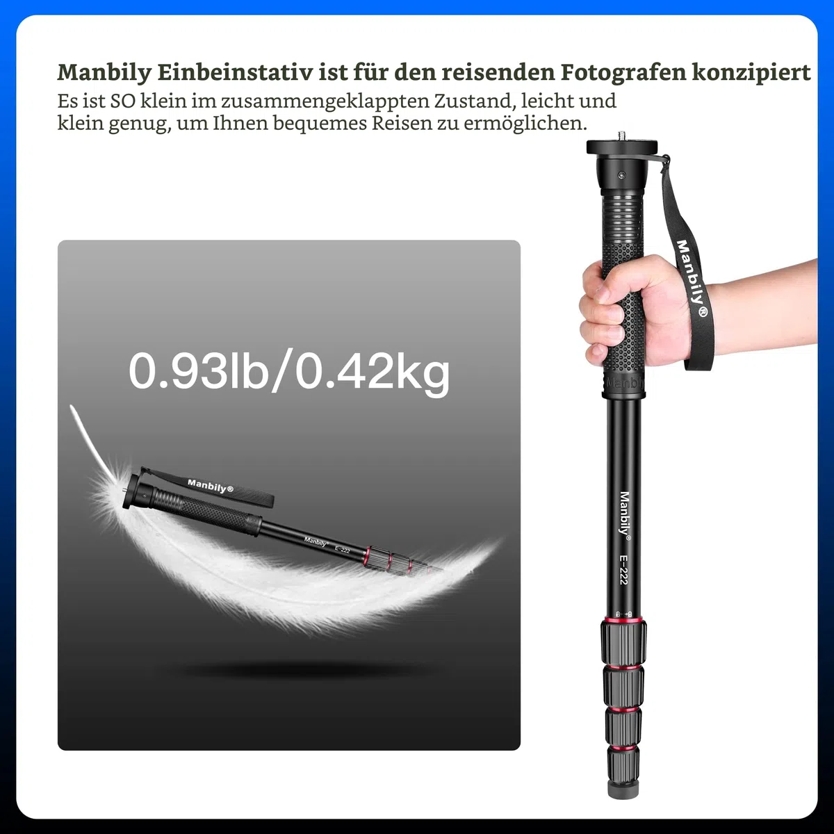 Manbily 165cm Kamera-Einbeinstativ 5 Abschnitte Aluminium Reise-Einbeinstativ für Canon Nikon Sony DSLR-Kameras (E-222)