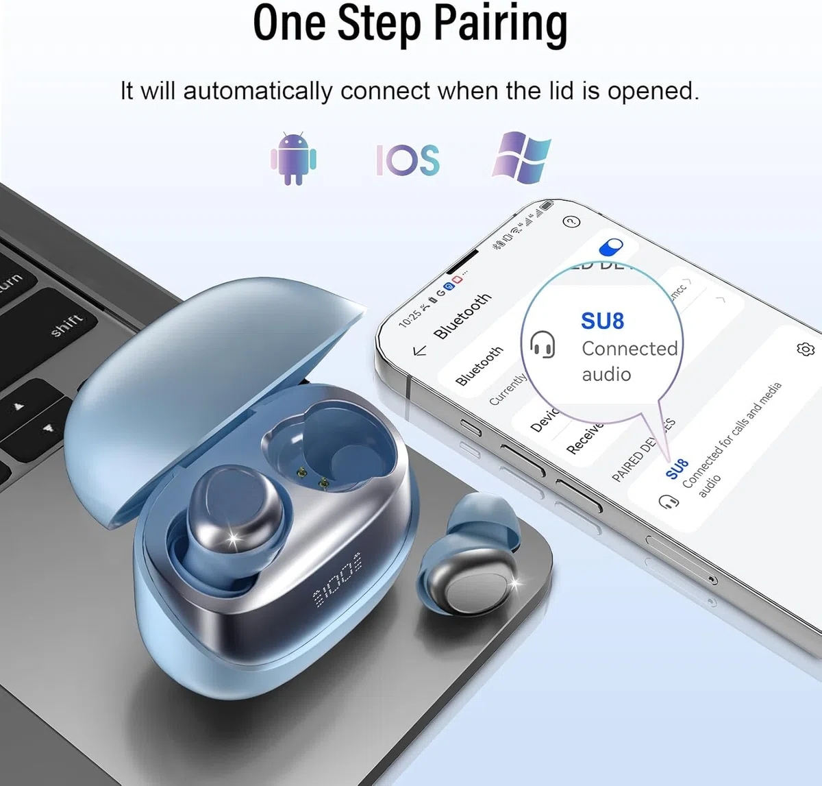 Bluetooth Kopfhörer, Mini In Ear Kopfhörer Kabellos Bluetooth 5.4 HiFi Immersiv Sound, 47Std Spielzeit Schlafkopfhörer mit Passiver Geräuschmaskierung, LED-Anzeige Earbuds für Schlaf Blau