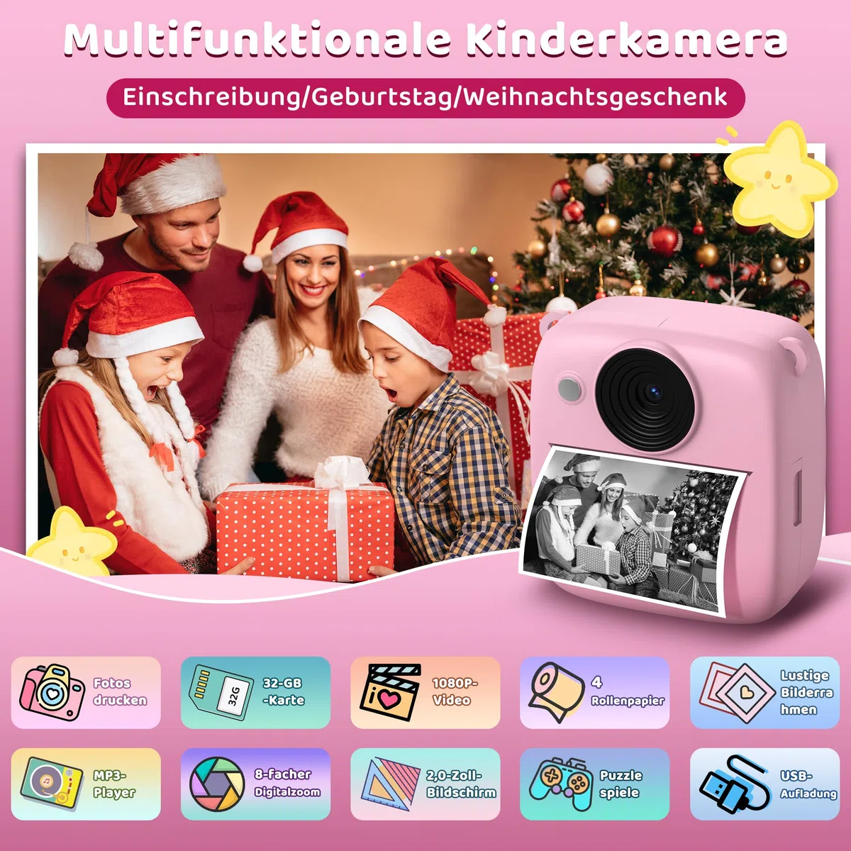 kamera Sofortbildkamera, Kamera mit 32GB Karte & 4 Bände Druckpapier, 48MP Sofortbildkamera mit 1080P Digitalkamera für , Geschenke für Mädchen und Jungen von 3 bis 12 Jahre