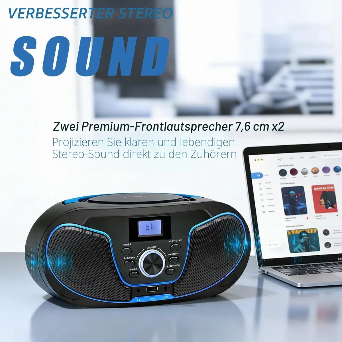 Tragbar CD Player Boombox Bluetooth - mit UKW Radio, USB Eingang & AUX & Kopfhörern Ports, Stereoanlage Music System (LP-D02)